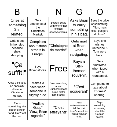 Things Josée Does on Vacation Bingo Card