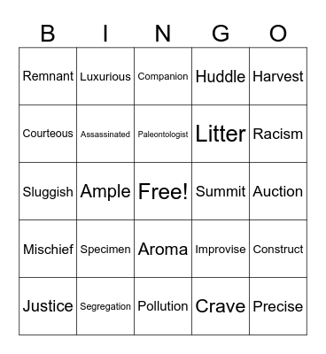 End of Year Vocab Bingo Card