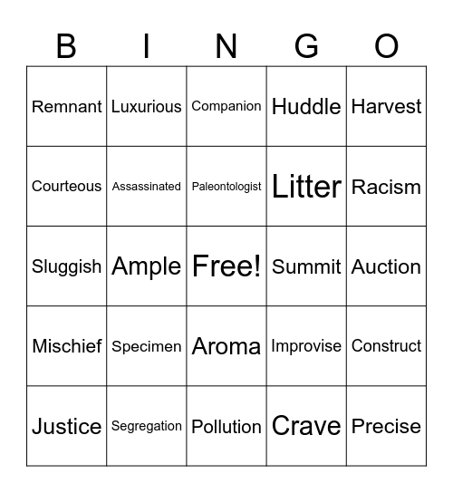 End of Year Vocab Bingo Card