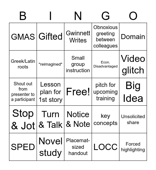 Summer Lit Institute Bingo Card