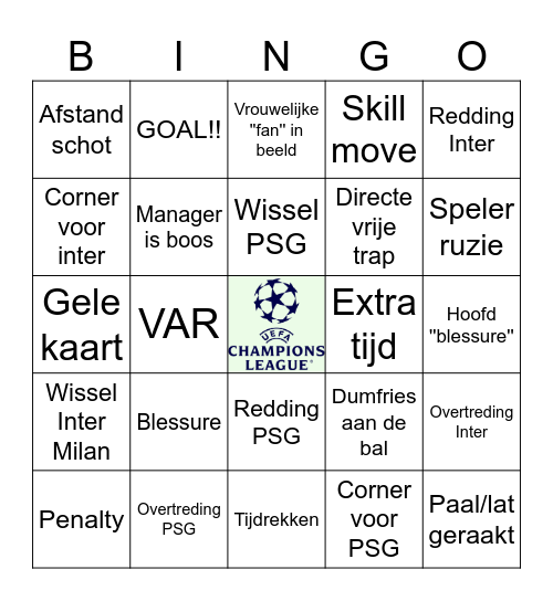 Champions League Finale Bingo Card