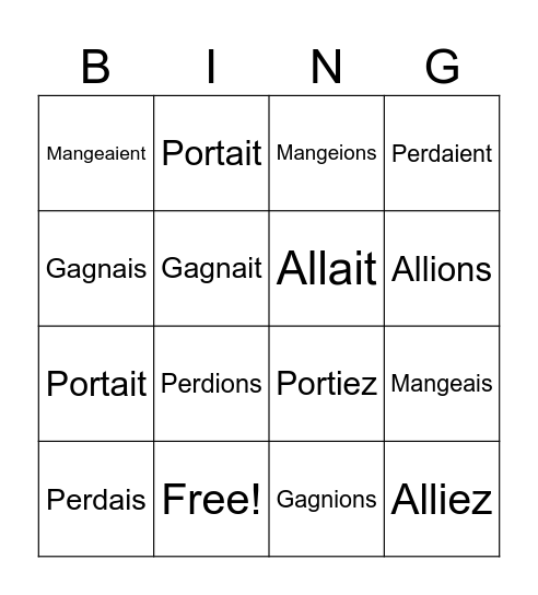 Imparfait Bingo Card