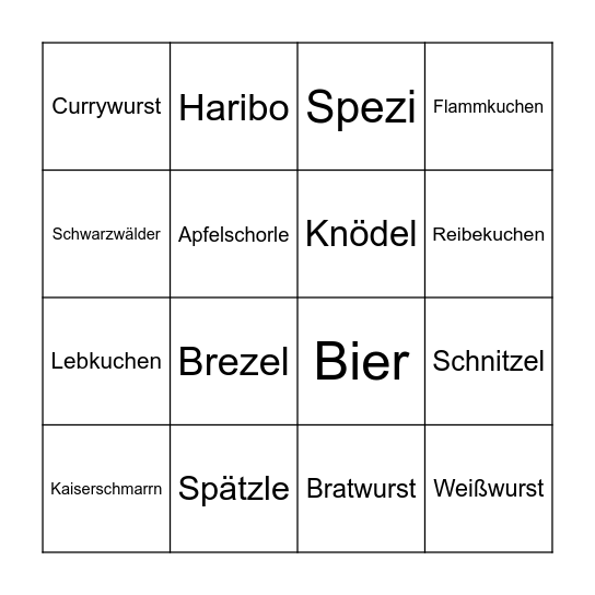 Deutsche Küche Bingo Card