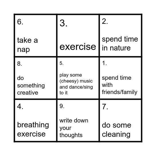 Anti-stress Bingo Card