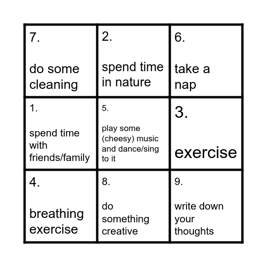 Anti-stress Bingo Card