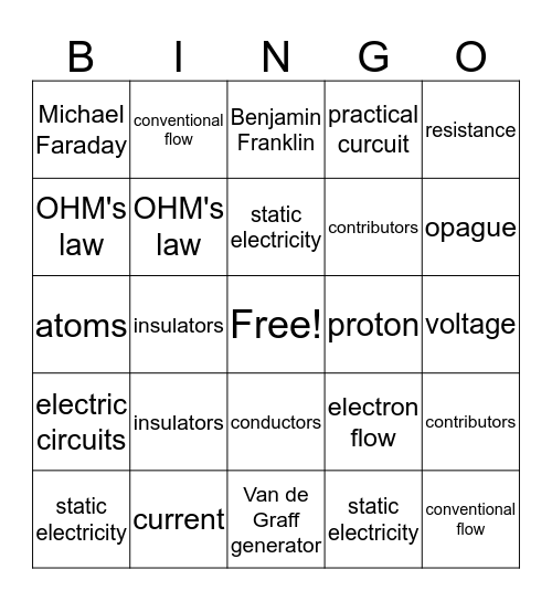 Electricity  Bingo Card