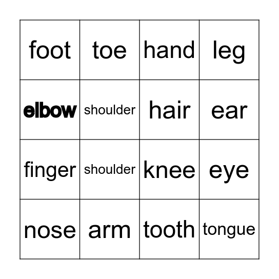 Body Parts Bingo Card