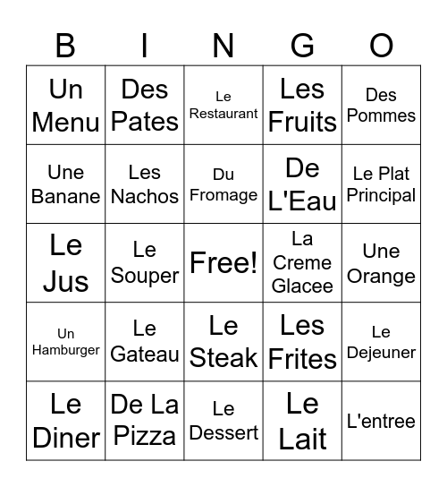 La Nourriture Bingo Card