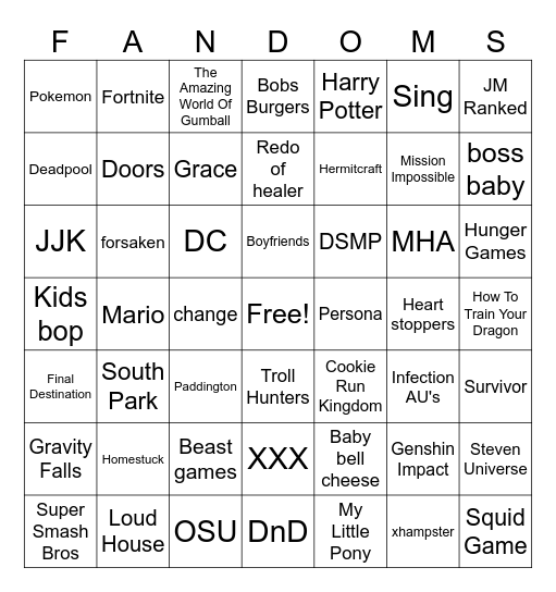 Fandoms Bingo Card