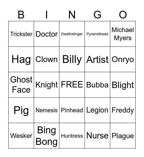 DBD Killer Bingo Card