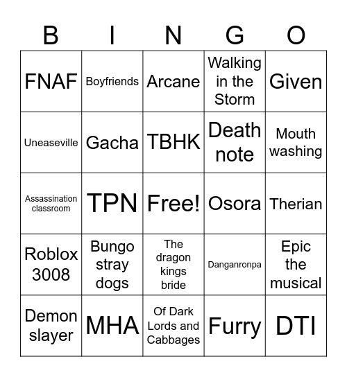 Fandom bingo Card