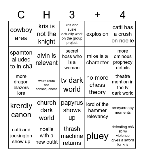 Deltarune Chapters 3 and 4 Bingo Card