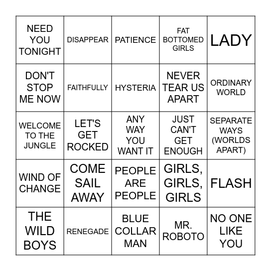 JONATHAN'S TOP 10 BANDS Bingo Card