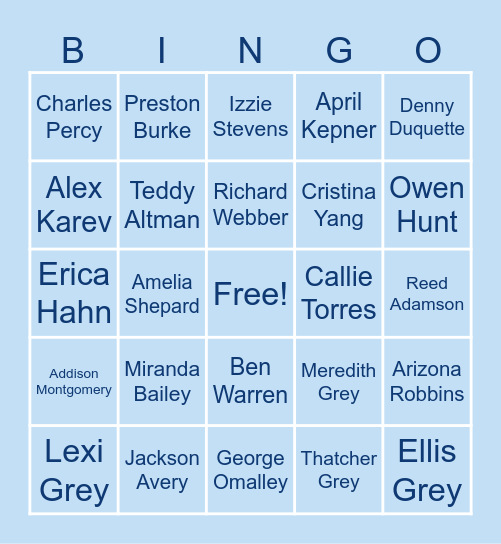 Greys Anatomy Bingo Card