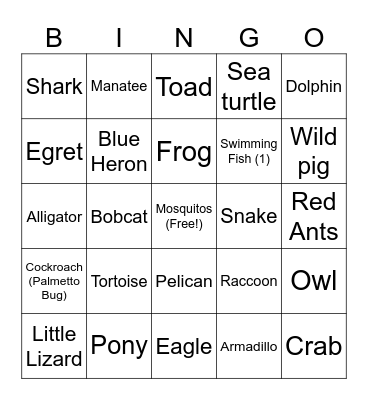 Florida Wildlife Bingo Card