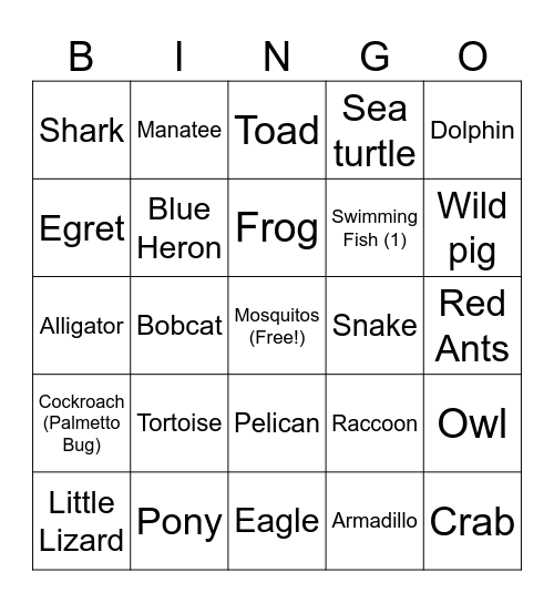 Florida Wildlife Bingo Card