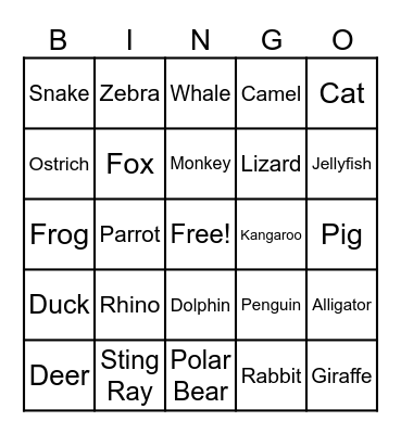 Animal Bingo Card