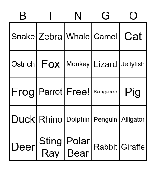Animal Bingo Card