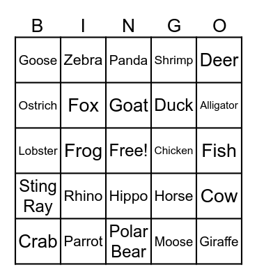 Animal Bingo Card