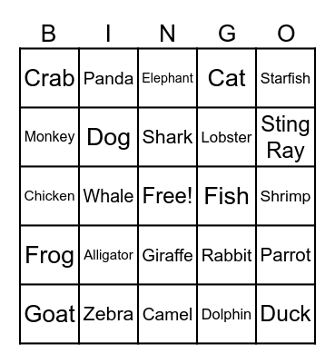 Animal Bingo Card