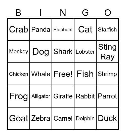 Animal Bingo Card