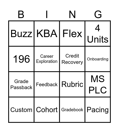 Middle School Bingo Card