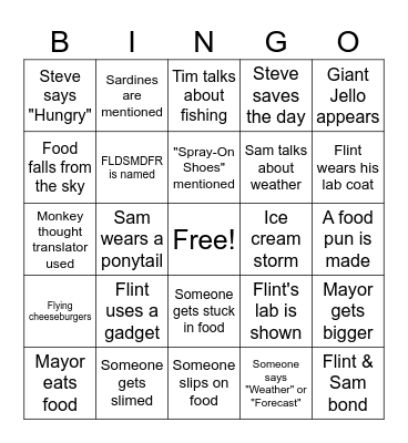 Cloudy with a chance of Meatballs Bingo Card