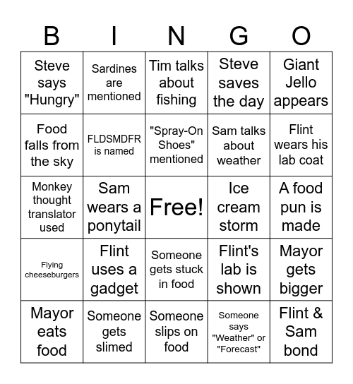 Cloudy with a chance of Meatballs Bingo Card