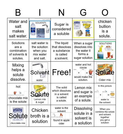 Solvent Solute and Solution Bingo Card