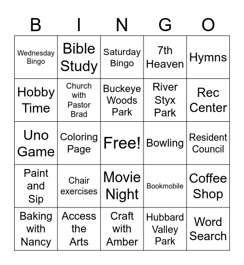 Activity Bingo Card