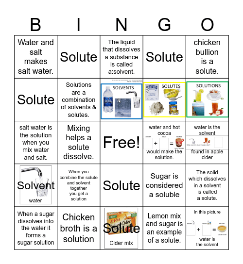 Solvent Solute and Solution Bingo Card