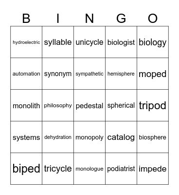 Greek Combining Forms Bingo Card