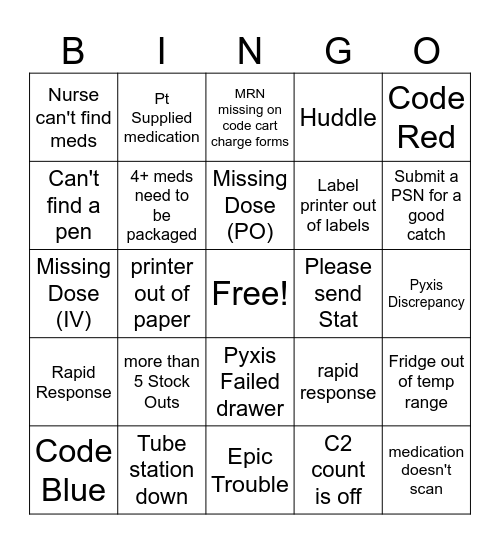 Hospital Pharmacy Bingo Card