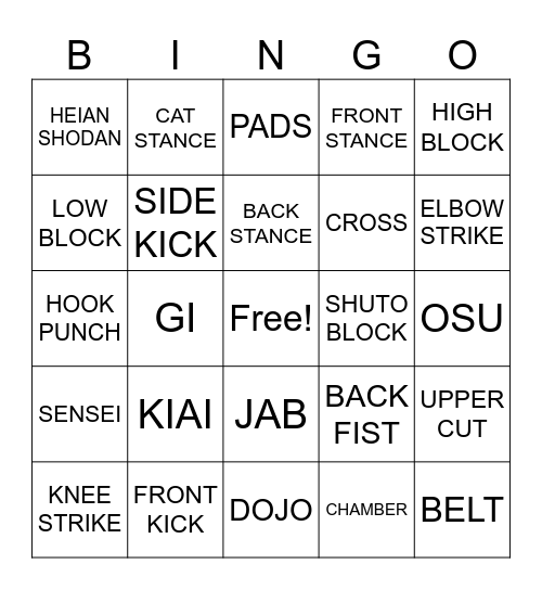 KARATE Bingo Card