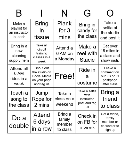 Cycle Barn Studio Bingo Card