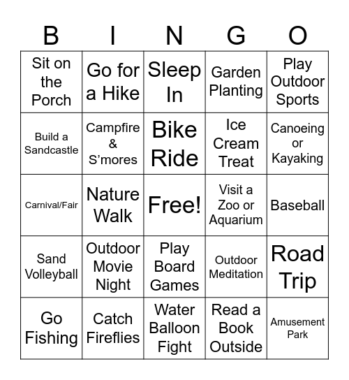 Summer Fun Bingo Card