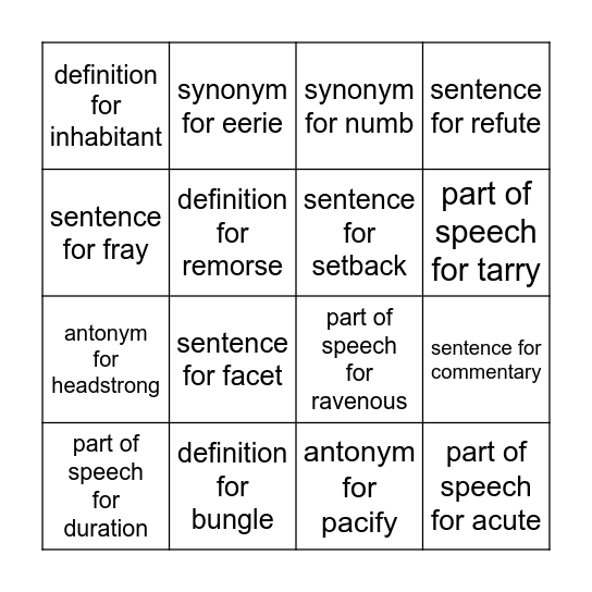 Unit 5 Vocabulary Bingo Card