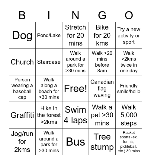 Let's Move Vancouver! Bingo Card