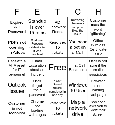 Fetch Service Desk BINGO Card