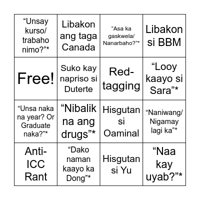Family Reunion Bingo Card