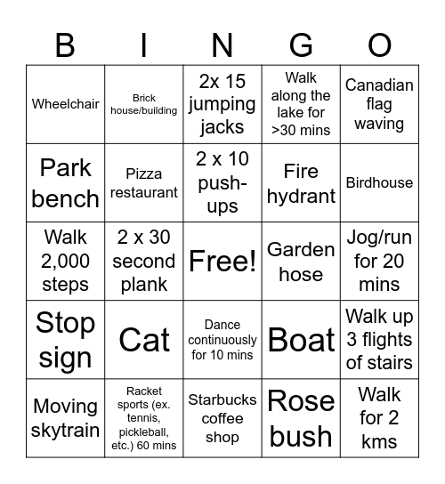 Let's Move Vancouver! Bingo Card