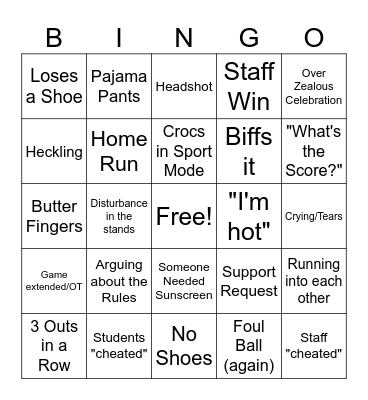 Kickball Tournament Bingo Card