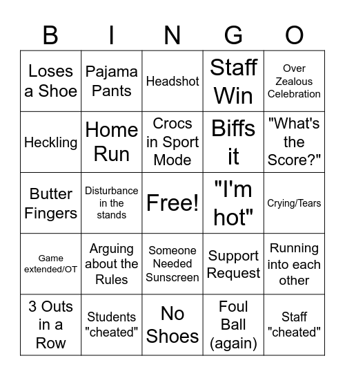 Kickball Tournament Bingo Card