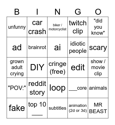yt shorts BBBBINGOOOO Bingo Card