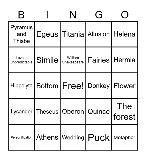A Midsummer Night's Dream Bingo Card