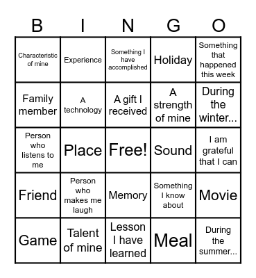 Gratitude BINGO Card