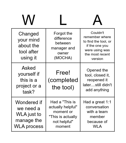 WLA Bingo Card