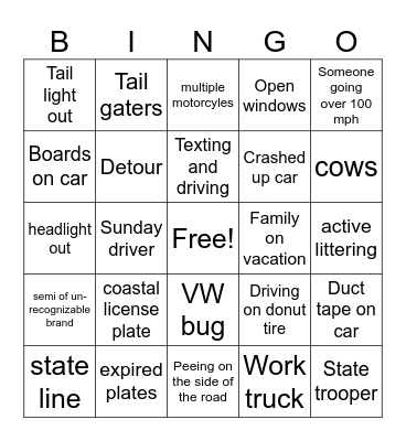 Road trip Bingo Card