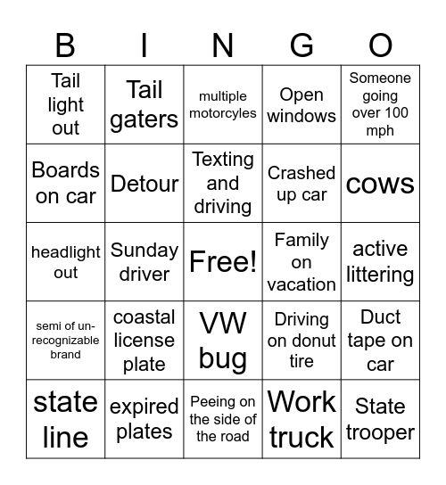 Road trip Bingo Card