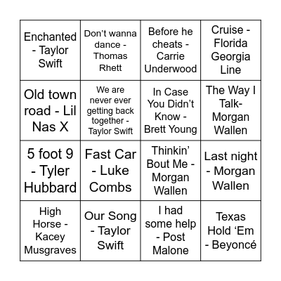 Country Pop Songs Bingo Card